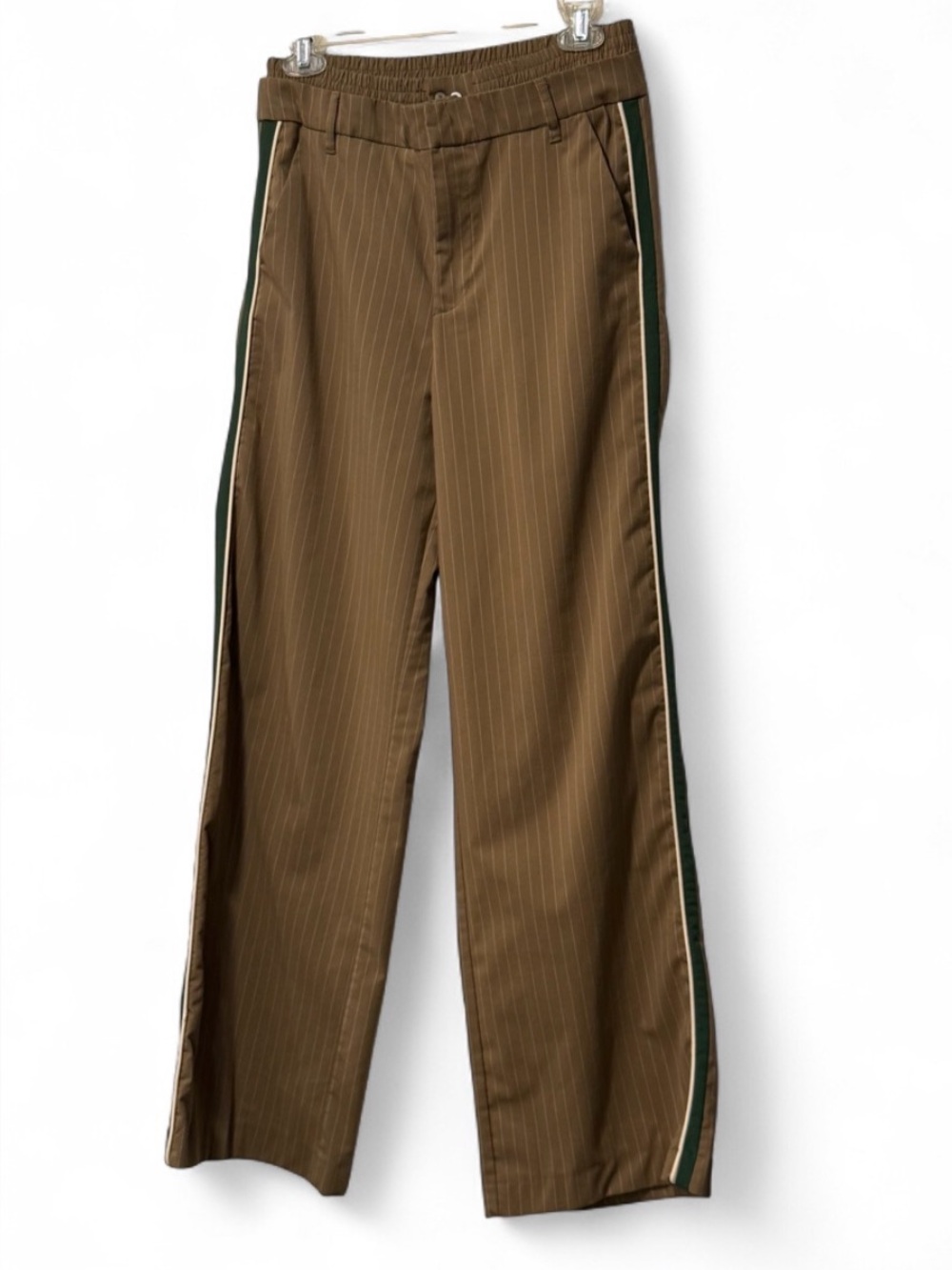 ZARA Brown Pinstripe Side Stripe Trousers Wide Leg Elastic Waist Pants Sz XS⁠